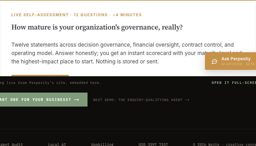 The Governance Maturity Audit self-assessment, running in the browser
